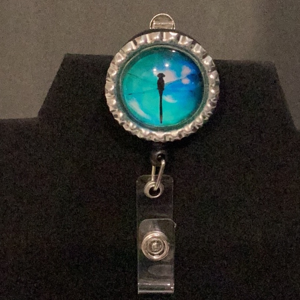 Dragonfly Badge Reel with Teal Blue Glass Cabochon